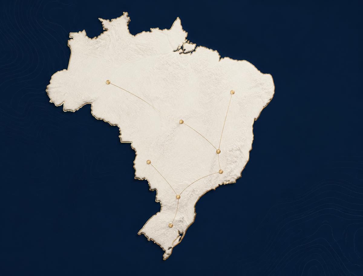 Mapa estilizado do Brasil representando a atuação nacional da Radar